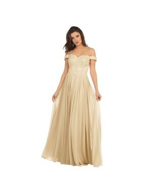 May Queen Off-Shoulder Lace Bodice Chiffon Gown in Champagne